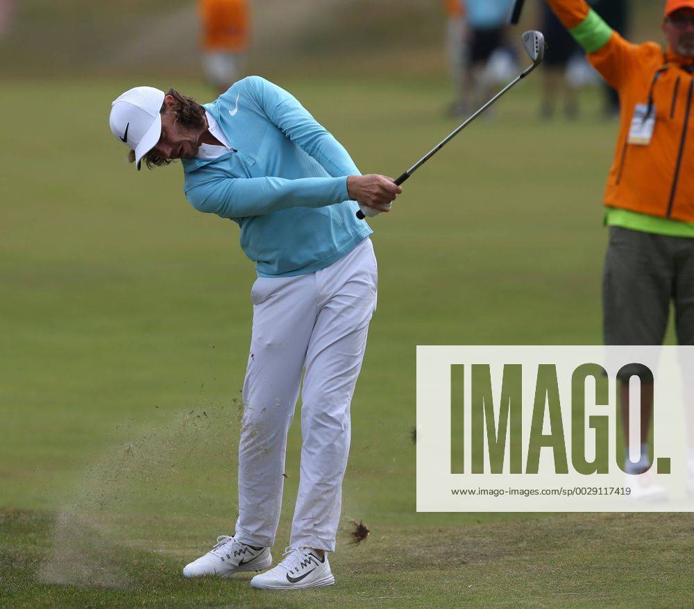 July 19th 2017, Royal Birkdale Golf Club, Southport, England; The 146th Open Golf Championship, Final Practice Day; Tommy Fleetwood (ENG) strikes his approach shot to the third green Blunsdenx ActionPlus11903720
