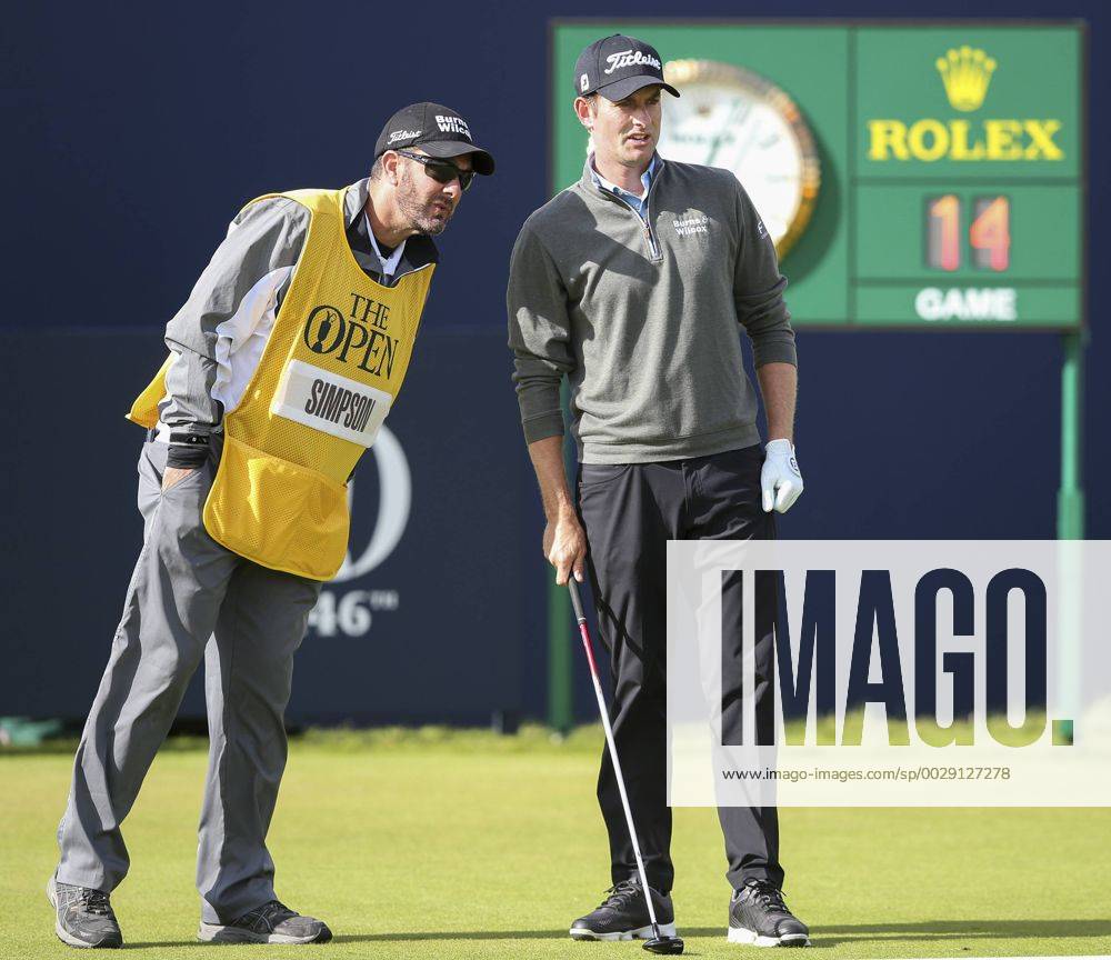 20th July 2017, Royal Birkdale Golf Club, Southport, England; The 146th Open Golf Championship ; First round ; Webb Simpson (USA) discusses the line of his tee shot on the opening hole with his caddie Blunsdenx ActionPlus11903874