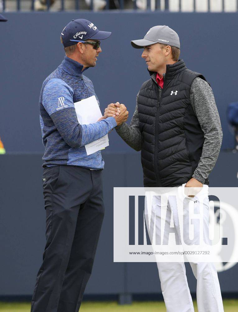 20th July 2017, Royal Birkdale Golf Club, Southport, England; The 146th Open Golf Championship ; First round ; Defending Champion Henrik Stenson (SWE) shakes hands with Jordan Spieth (USA) on the first tee Blunsdenx ActionPlus11903893