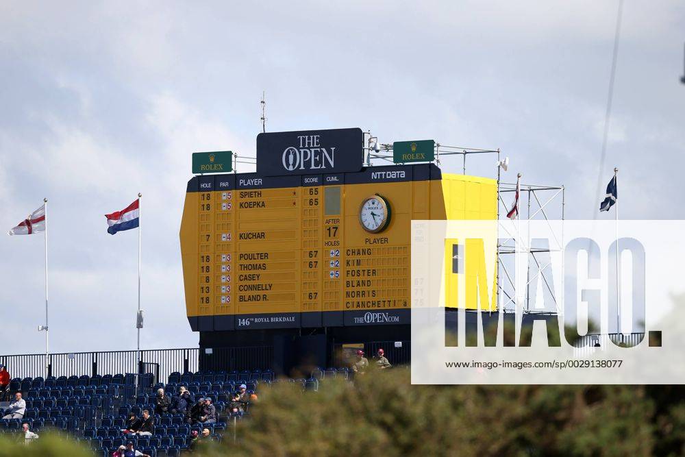 20th July 2017, Royal Birkdale Golf Club, Southport, England; The 146th Open Golf Golf Championship, First round; A view of the main scoreboard above the grandstand on the 18th hole showing Jordan Spieth (USA) and Brooks Koepka of (USA) as joint leaders with opening rounds of 65 Blunsdenx ActionPlus11904194