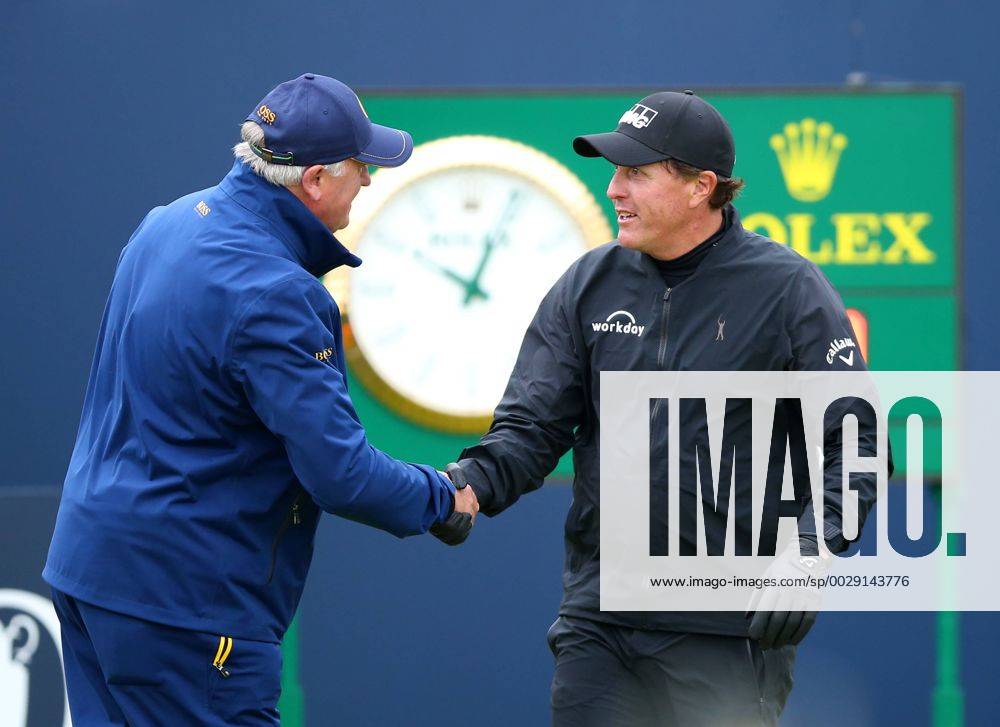 21st July 2017, Royal Birkdale Golf Club, Southport, England; The 146th Open Golf Championship ; Second round ; Phil Mickelson (USA) shakes hands with R&A starter Matt Corker Blunsdenx ActionPlus11904409