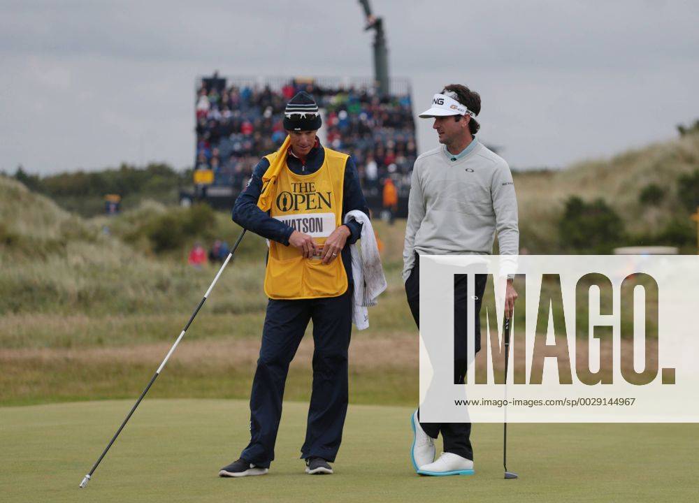 American Bubba Watson chats with his caddy on the seventh green on Day two at the 146th Open Championship, Southport on July 21, 2017. LON2017072120 HUGOxPHILPOTT