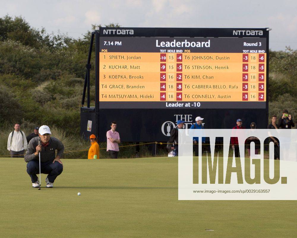 22nd July 2017, Royal Birkdale Golf Club, Southport, England; The 146th Open Golf Championship, third round ; Championship leader Jordan Spieth (USA) looks at the line of his birdie putt on the 16th green in front of the leaderboard Blunsdenx ActionPlus11905219