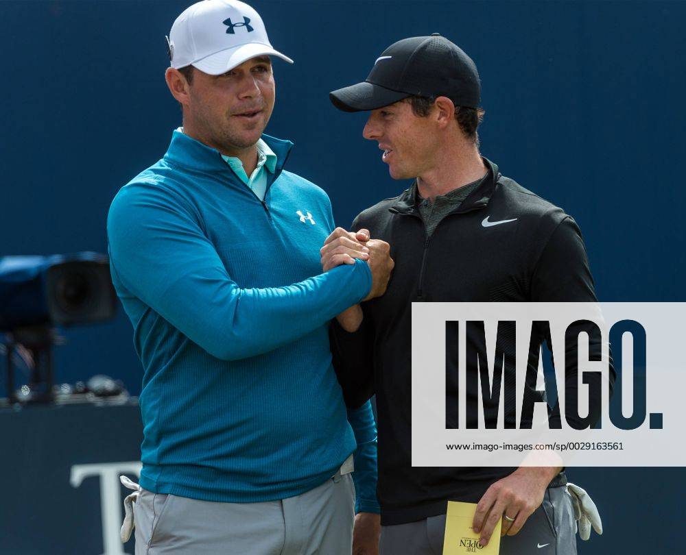 22nd July 2017, Royal Birkdale Golf Club, Southport, England; The 146th Open Golf Championship, third round ; Gary Woodland (USA) and Rory McIlroy (NIR) shake hands on the first tee before they tee off Blunsdenx ActionPlus11905224