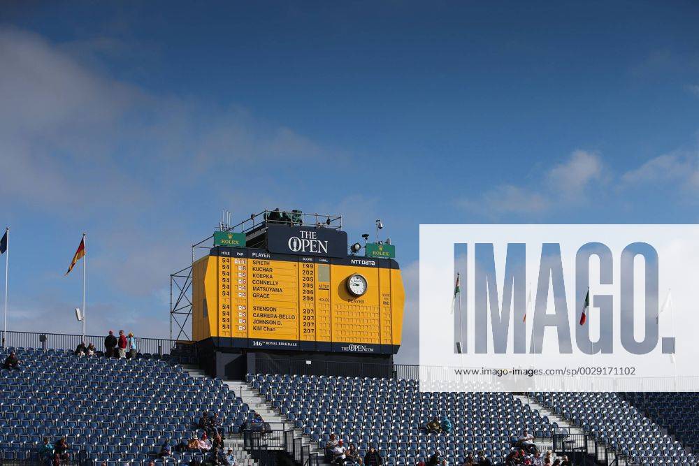 23rd July 2017, Royal Birkdale Golf Club, Southport, England; The 146th Open Golf Championship, fourth round ; A view of the leaderboard above the 18th hole as fans arrive before the start of the final day s play Blunsdenx ActionPlus11905433