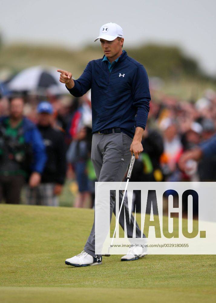23rd July 2017, Royal Birkdale Golf Club, Southport, England; The 146th Open Golf Championship, fourth round ; Jordan Spieth (USA) raises his finger in celebration and points at the cup after holing his long putt for eagle on the 15th green Blunsdenx ActionPlus11905783