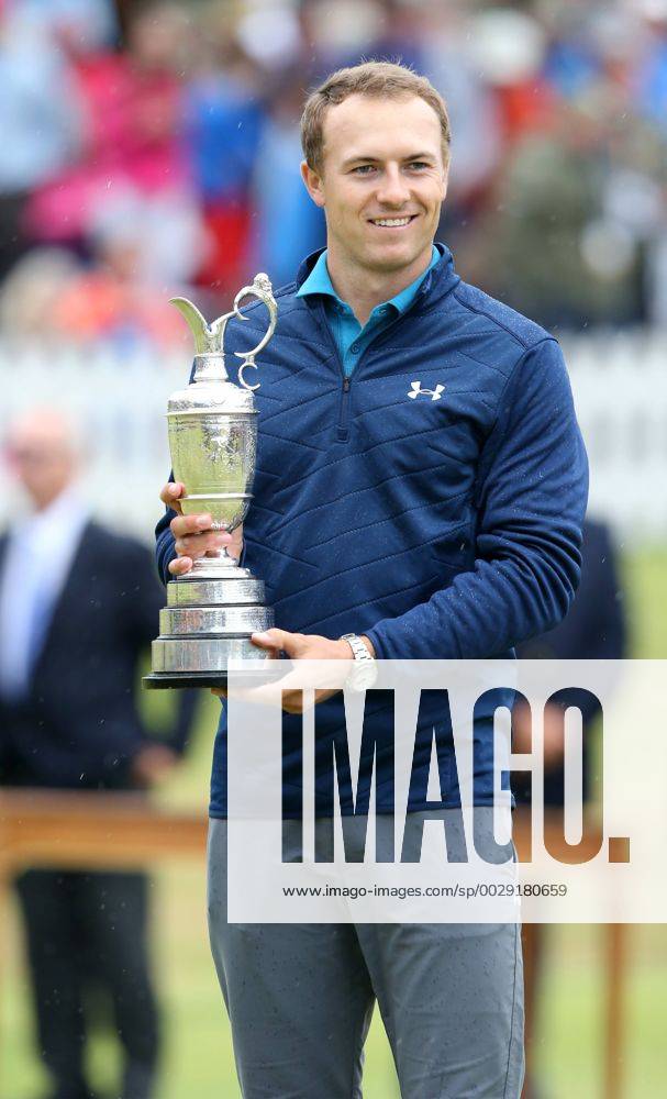 23rd July 2017, Royal Birkdale Golf Club, Southport, England; The 146th Open Golf Championship, fourth round ; Jordan Spieth (USA) smiles as he holds the claret jug trophy as Champion Golfer of the Year Blunsdenx ActionPlus11905787