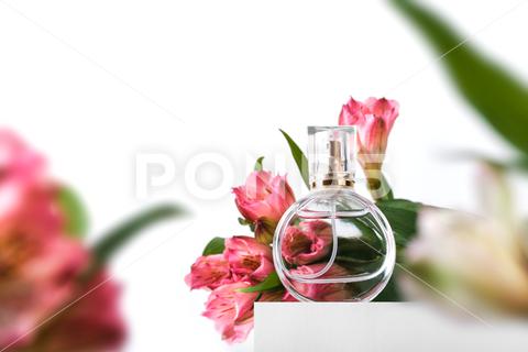 Glass perfume bottle on white podium. Floral arrangement. Minimal mockup style, soft focus, low angle. perfume, podium, scent, fragrance, product, bottle, cosmetic, glass, flowers, design, aroma, smell, luxury, spray, beauty, cologne, perfumery, fashion, care, fragrant, template, aromatic, elegant, creative, background, fresh, essence, concept, aromatherapy, spa, glamour, trend, futuristic, geometry, mockup, perspective, platform, modern, round, natural, winner, scene, minimal