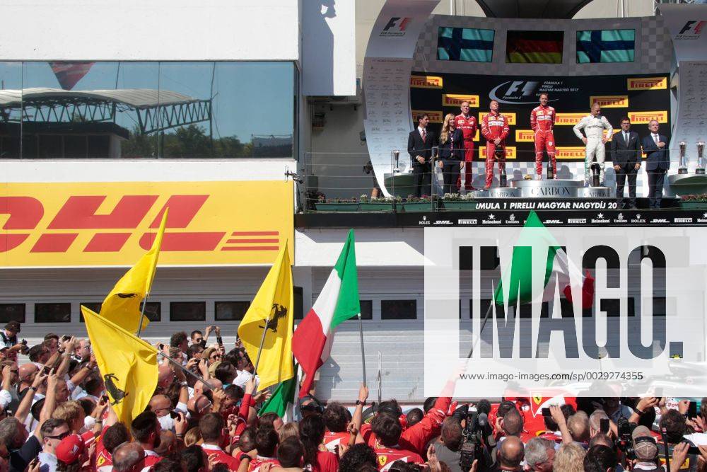 FORMULA 1 - Hungarian GP BUDAPEST,HUNGARY,30.JUL.17 - MOTORSPORTS, FORMULA 1 - Grand Prix of Hungary, Hungaroring. Image shows Jock Clear (Ferrari Engineering Director), Kimi Raikkoenen (FIN Ferrari), Sebastian Vettel (GER Ferrari) and Valtteri Bottas (FIN Mercedes). Keywords: award ceremony. GEPAxpictures Mueller