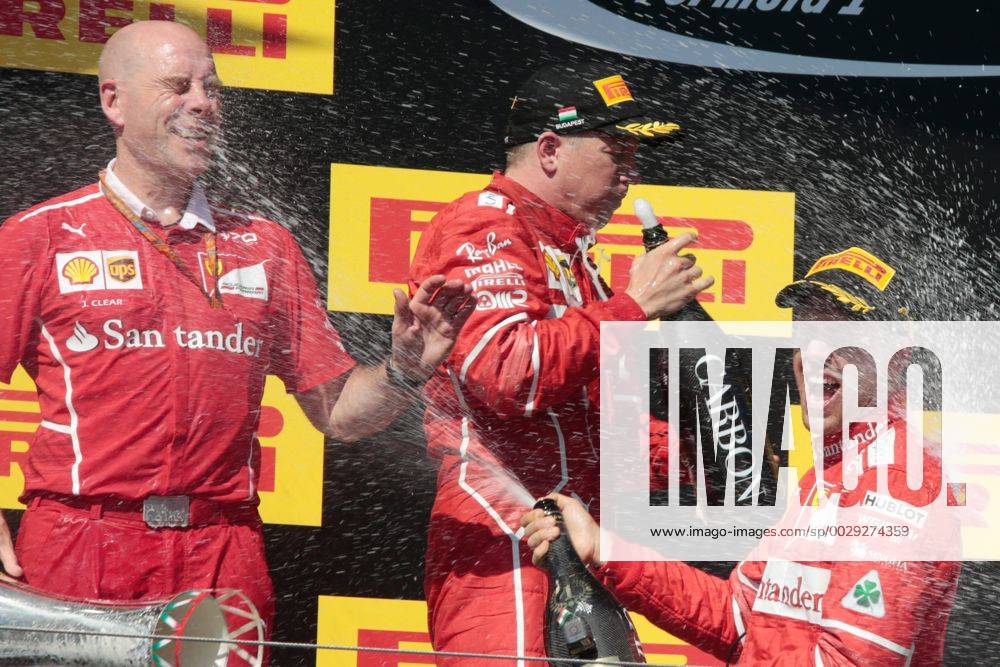 FORMULA 1 - Hungarian GP BUDAPEST,HUNGARY,30.JUL.17 - MOTORSPORTS, FORMULA 1 - Grand Prix of Hungary, Hungaroring. Image shows Jock Clear (Ferrari Engineering Director), Kimi Raikkoenen (FIN Ferrari) and Sebastian Vettel (GER Ferrari). Keywords: award ceremony, champagne shower. GEPAxpictures Mueller
