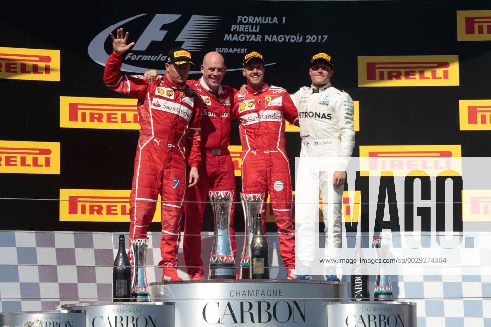 FORMULA 1 - Hungarian GP BUDAPEST,HUNGARY,30.JUL.17 - MOTORSPORTS, FORMULA 1 - Grand Prix of Hungary, Hungaroring. Image shows Kimi Raikkoenen (FIN Ferrari), Jock Clear (Ferrari Engineering Director), Sebastian Vettel (GER Ferrari) and Valtteri Bottas (FIN Mercedes). Keywords: award ceremony. GEPAxpictures Mueller