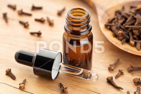 Clove essential oil on bottle on wooden table. Alternative medicine clove, essential oil, oil, aroma, bottle, alternative medicine, medicinal, aromatherapy, medicine, natural, organic, health, aromatic, wellness, glass, therapy, beauty, massage, alternative, care, treatment, therapeutic, cosmetic, fragrance, remedy, homeopathic, homeopathy, apothecary, dropper, wood, wooden, table, rustic, still life, pipette, syzygium aromaticum, seed