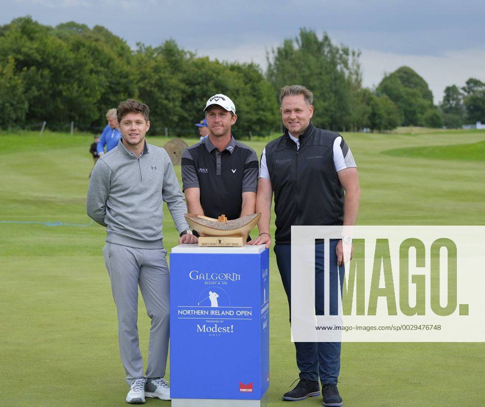 August 13th 2017, Galgorm Castle Golf Club, Galgorm, Northern Ireland; Northern Ireland Open, 4th Round, The Sunday Shootout; Robin Sciot-Siegrist (FRA) stands with Mark McDonnell and Niall Horan Cookex ActionPlus11916355