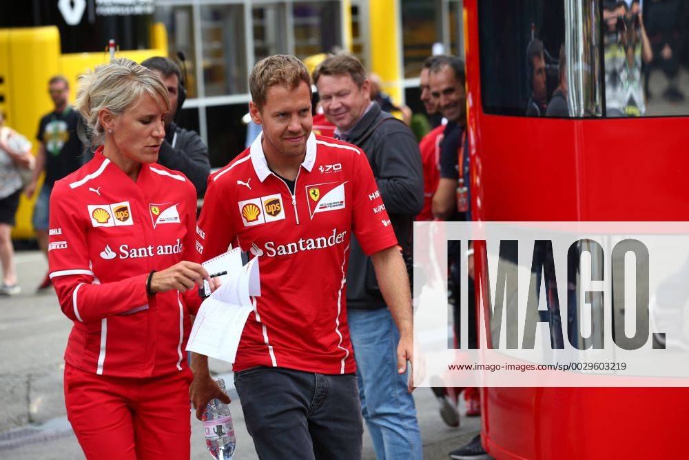 Britta Roeske (AUT) Ferrari Press Officer and Sebastian Vettel (GER) Scuderia Ferrari SF70H Belgian Grand Prix, Spa-Francorchamps 24 - 27 August 2017 24.08.2017 - Britta Roeske (AUT) Ferrari Press Officer and Sebastian Vettel (GER) Scuderia Ferrari SF70H