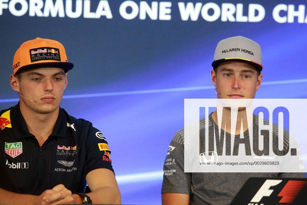 press conference PK Pressekonferenz Max Verstappen (NED) Red Bull Racing RB13 and Stoffel Vandoorne (BEL) McLaren MCL32 Belgian Grand Prix, Spa-Francorchamps 24 - 27 August 2017 24.08.2017 - Press conference, Max Verstappen (NED) Red Bull Racing RB13 and Stoffel Vandoorne (BEL) McLaren MCL32