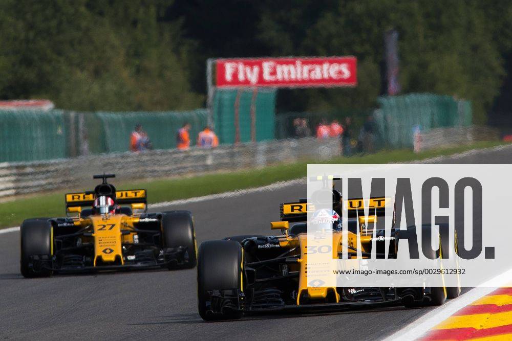 25th August 2017, Circuit de Spa-Francorchamps, Belgium; Belgium Grand Prix, Friday Practice; Jolyon PALMER from Great Britain, Renault F1 Team, Renault R.S. 17, Renault RE17 engine and his mate Nico HUELKENBERG from Germany of Renault Sport F1 Team, Renault R.S. 17, Renault RE17 engine in Kemmel straight during the FP1 Alonsox ActionPlus11920265