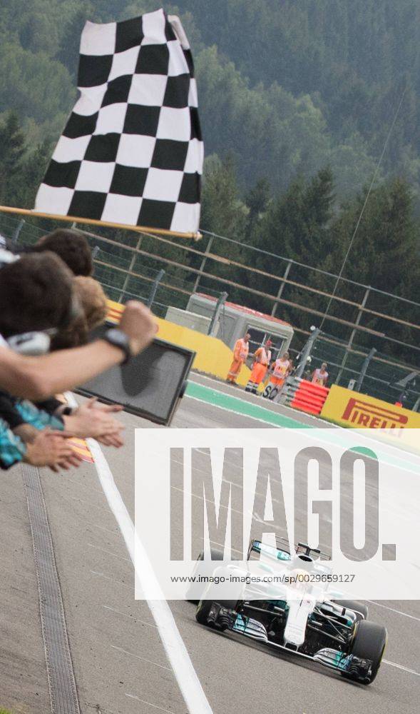 Mercedes British driver Lewis Hamilton crosses the finish line at the Spa-Francorchamps Formula One Grand Prix of Belgium race, in Spa-Francorchamps, Sunday 27 August 2017. BENOITxDOPPAGNE x05153280x