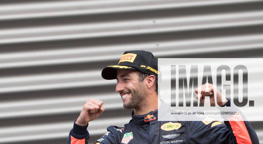 Red Bull s Australian driver Daniel Ricciardo celebrates on the podium after the Spa-Francorchamps Formula One Grand Prix of Belgium race, in Spa-Francorchamps, Sunday 27 August 2017. BENOITxDOPPAGNE x05153294x