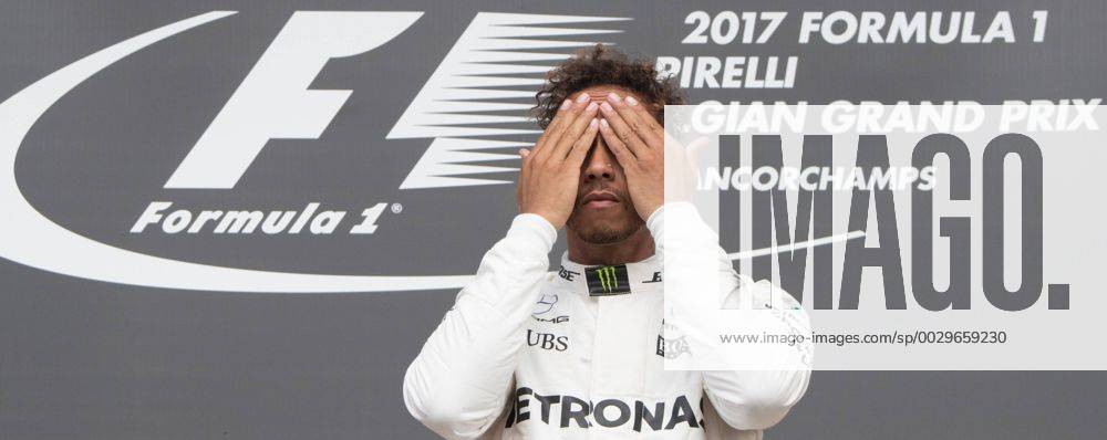 Mercedes British driver Lewis Hamilton celebrates after winning the Spa-Francorchamps Formula One Grand Prix of Belgium race, in Spa-Francorchamps, Sunday 27 August 2017. BENOITxDOPPAGNE x05153295x