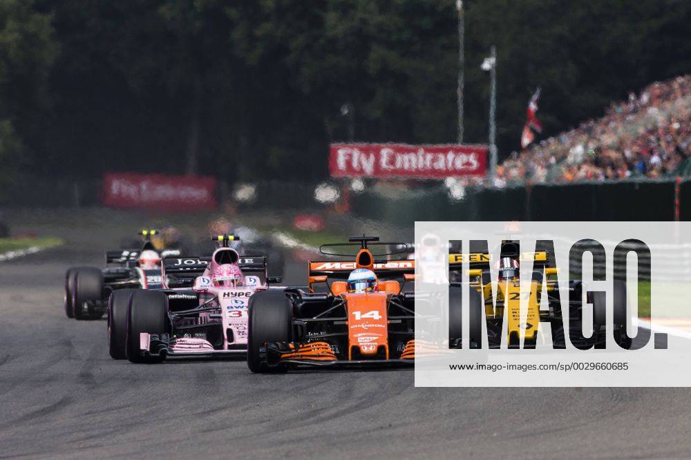 Spa, Belgium - 14 ALONSO Fernando from Spain from McLaren Honda rounded of 31 OCON Esteban from France Force India and 27 HULKENBERG Nico from Germany of team Renault F1 team during the Formula One Belgian Grand Prix at Circuit de Spa-Francorchamps on August 27, 2017 in Spa, Belgium. F1 Grand Prix of Belgium - Race - ZUMAn230 20170827_zaa_n230_145