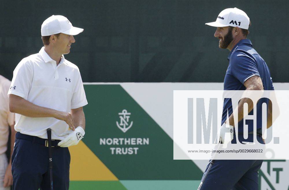 Jordan Spieth and Dustin Johnson smile on the first hole tee box when they are paired together in the final group in the final round of The Northern Trust golf championship at the Glen Oaks Club in Old Westbury, New York on August 27, 2017. Glen Oaks Club is hosting THE NORTHERN TRUST for the first time. NYP20170827103 JOHNxANGELILLO