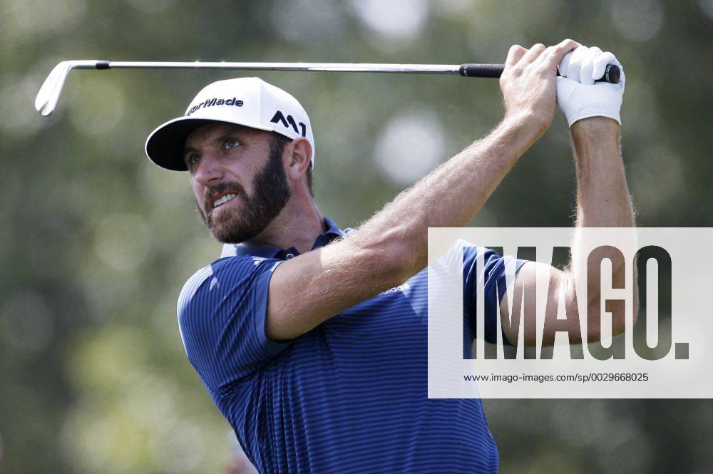 Dustin Johnson hits his tee shot on hole 2 in the final round of The Northern Trust golf championship at the Glen Oaks Club in Old Westbury, New York on August 27, 2017. Glen Oaks Club is hosting THE NORTHERN TRUST for the first time. NYP20170827110 JOHNxANGELILLO