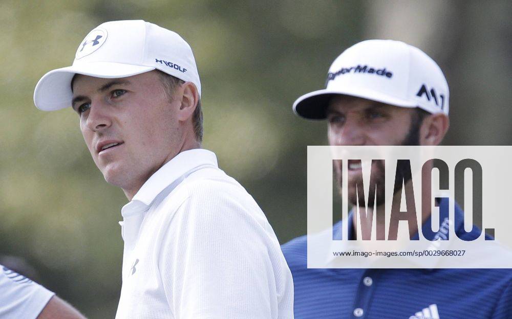 Jordan Spieth and Dustin Johnson stand on the second hole tee box when they are paired together in the final group in the final round of The Northern Trust golf championship at the Glen Oaks Club in Old Westbury, New York on August 27, 2017. Glen Oaks Club is hosting THE NORTHERN TRUST for the first time. NYP20170827112 JOHNxANGELILLO