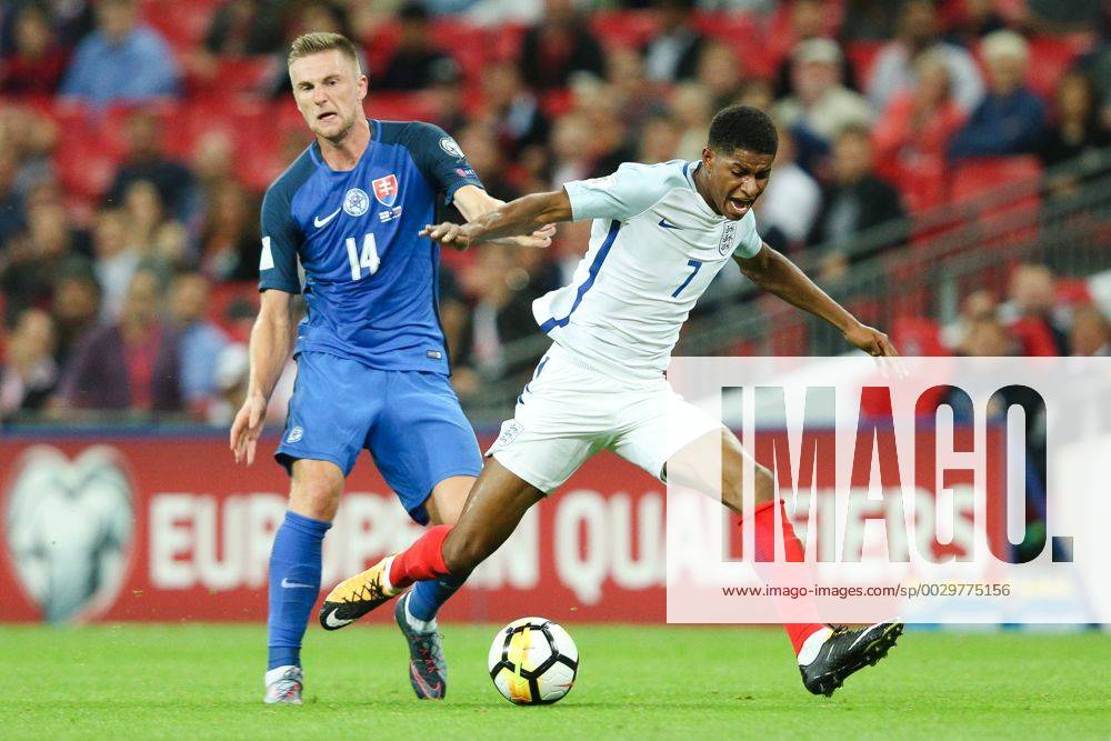 EnglandÕs Marcus Rashford and SlovakiaÕs Milan Skriniar during the World Cup Qualifying - European - Group F match at Wembley Stadium, London. Picture date 4th September 2017. Picture credit should read: Charlie Forgham-Bailey Sportimage .