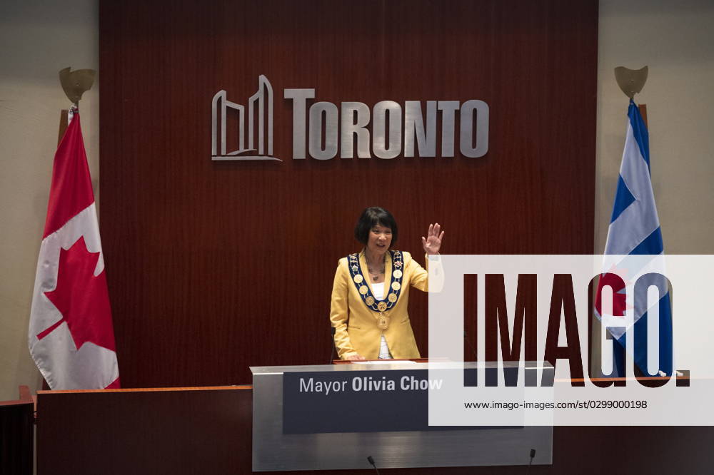 Newly elected Mayor Olivia Chow waves to the crowd at council chambers during her Declaration of Office Ceremony, at Toronto City Hall on Wednesday, July 12, 2023. Toronto CANADA - ZUMAc35_ 20230712_zaf_c35_078