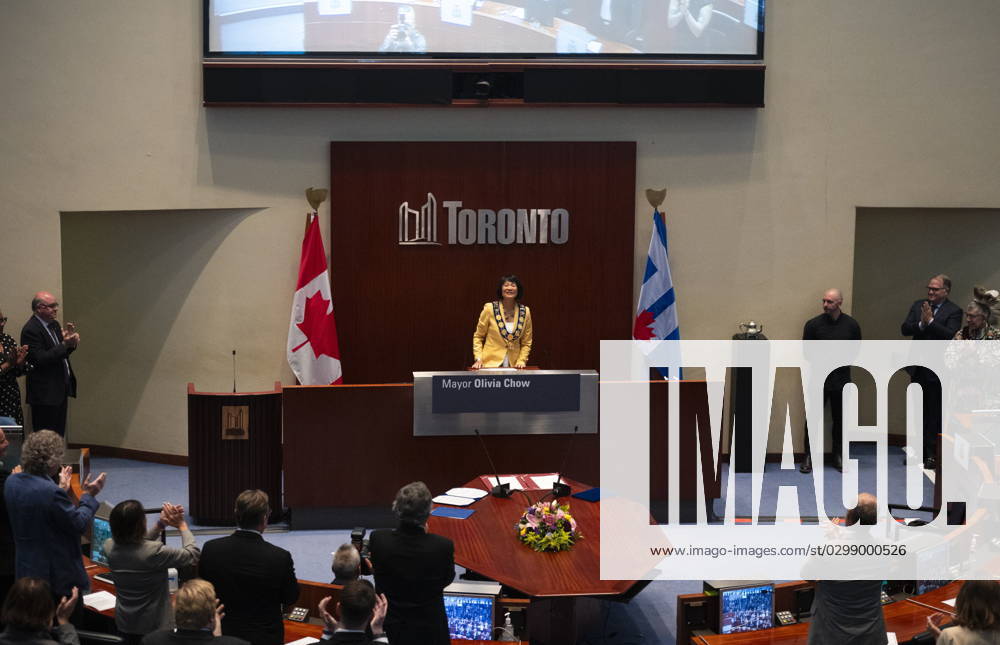 Newly elected Mayor Olivia Chow reacts after receiving a standing ovation during the Declaration of Office Ceremony at Toronto City Hall, on Wednesday, July 12, 2023. Toronto CANADA - ZUMAc35_ 20230712_zaf_c35_079