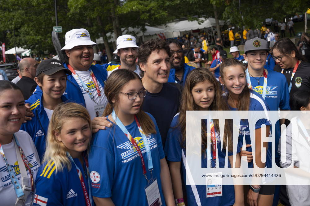 Prime Minister Justin Trudeau, centre, poses with athletes from Team Nova Scotia prior to Canoe Kayak competition at the North American Indigenous Games 2023 in Halifax, Monday, July 17, 2023. Halifax Canada - ZUMAc35_ 20230717_zaf_c35_076