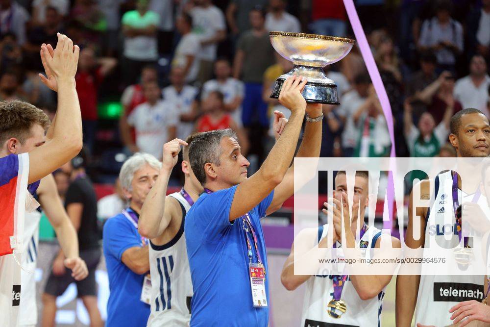 FIBA Eurobasket FINAL match between Slovenia and Serbia at Sinan Erdem Arena in Istanbul , Turkey on September 17 , 2017. Pictured : Slovenian HEAD Coach Igor Kokoskov poses with Championship Trophy.