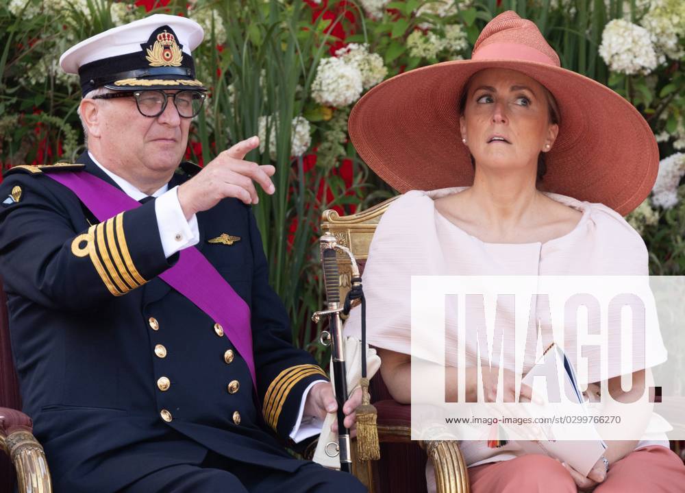 Prince Laurent and Princess Claire of Belgium pictured at the military and civilian parade on the Belgian National Day, in Brussels, Friday 21 July 2023. This parade pays tribute to our country s security and emergency services, such as the army, police, fire brigade or civil protection. In addition, King Philip s ten-year reign will also be celebrated. BENOITxDOPPAGNE 70908464