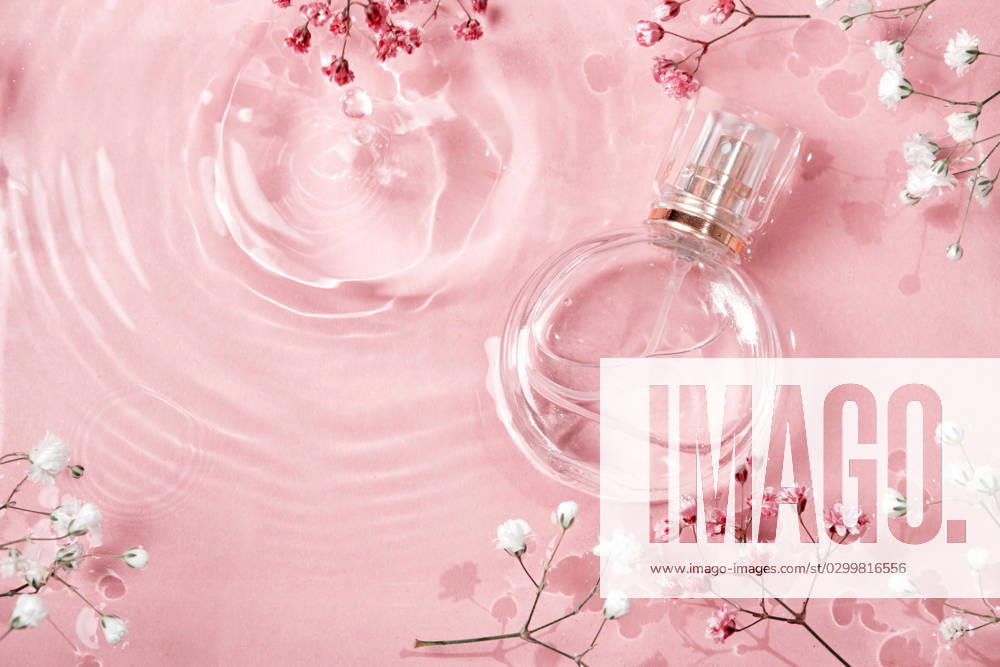Glass perfume bottle in rose water background. Floral arrangement, splash of water Glass perfume bottle in rose water background. Floral arrangement, splash of water.