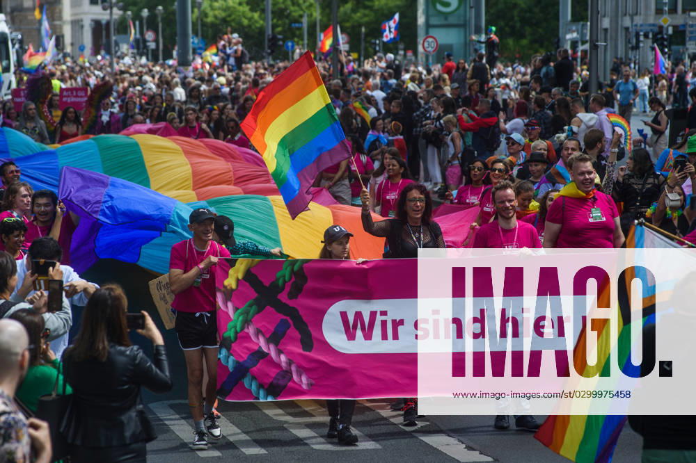 People march with pride flags during the pride parade. Berlin Christopher Street Day (CSD Berlin) or Berlin Pride Parade is an annual demonstration in Berlin for the rights of LGBT+ people. Berlin Germany - ZUMAs197 20230722_zab_s197_042
