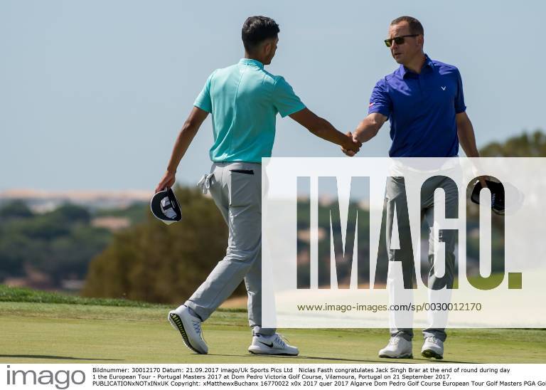 Niclas Fasth congratulates Jack Singh Brar at the end of round during day 1 the European Tour - Portugal Masters 2017 at Dom Pedro Victoria Golf Course, Vilamoura, Portugal on 21 September 2017.