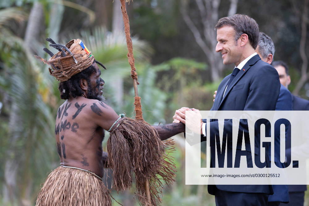Customary Ceremony In Honour Of President Macron - New Caledonia People in traditional costumes shake hand of French President Emmanuel Macron, French Interior Minister Gerald Darmanin, Minister Delegate for Overseas France Philippe Vigier during the customary ceremony in honour of the President of the Republic in Touho, North part of New Caledonia, on July 25, 2023. Photo by Raphael Lafargue ABACAPRESS.COM Touho New Caledonia