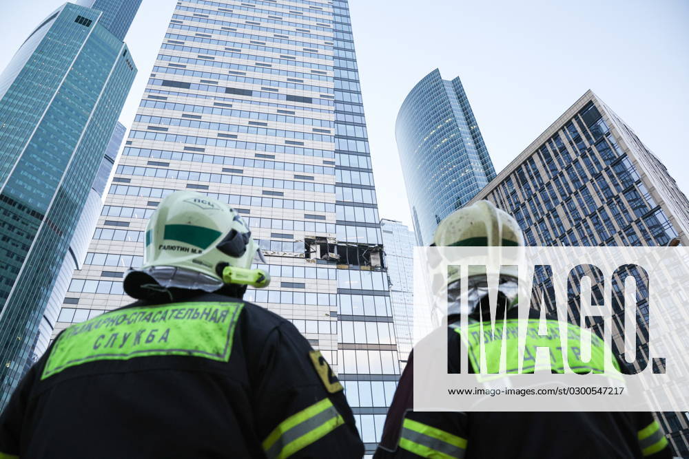 RUSSIA, MOSCOW - JULY 30, 2023: First responders are seen at the Moscow International Business Centre (Moscow City) where explosions have hit the Oko-2 tower and a tower of the IQ-Quarter complex. Earlier, Moscow Mayor Sergei Sobyanin said the city was attacked by Ukrainian drones; according to the Russian Defence Ministry, three Ukrainian UAVs took part in the attack, one of them destroyed in the air over the Moscow Region s Odintsovo District. Moscow s Vnukovo Airport was temporarily closed for traffic amid the accident. Mikhail Tereshchenko TASS 60761330