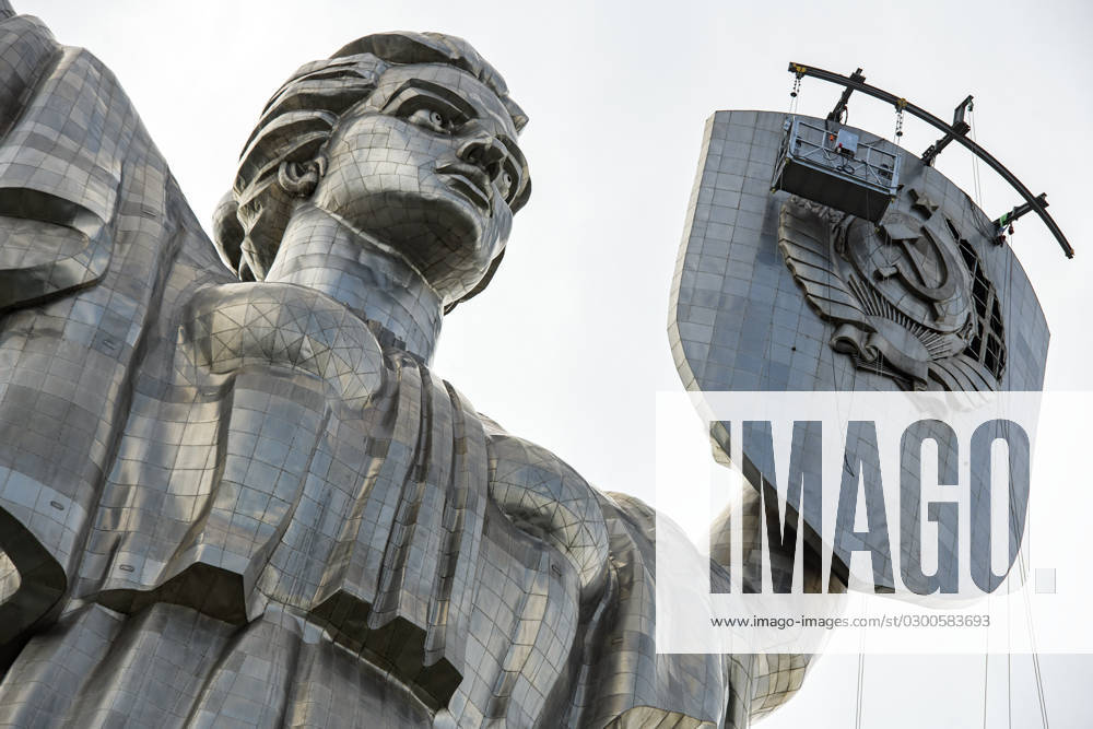 The Dismantling Of The Soviet Coat Of Arms From The Shield Of The Motherland Monument In Kyiv The dismantling of the Soviet coat of arms from the shield of the Motherland monument began in Kyiv, Ukraine, July 30, 2023. Kyiv Ukraine