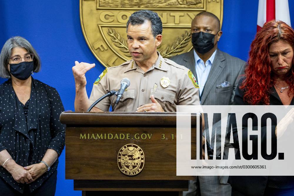 Miami-Dade Police Department Director Alfredo ‘Freddyâ€⠢ Ramirez III, along with other county officials, provides an update on the search-and-recovery operation following the partial collapse of the Champlain Towers South condo in Surfside at a press conference at Miami-Dade Emergency Operations in Doral, Florida, on July 26, 2021. The building collapsed June 24, 2021, killing 98 people, Miami Gardens United States of America - ZUMAm67_ 20210726_zaf_m67_043