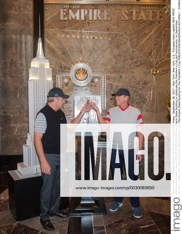 New York, New York, U.S - European team captain NICK PRICE and American team captain STEVE STRICKER light the Empire State Building to celebrate the President s Cup golf tournament, on September, 26, 2017 in New York. Nick Price and Steve Stricker Light The Empire State Building for The President s Cup - ZUMAb148 20170926_zap_b148_001