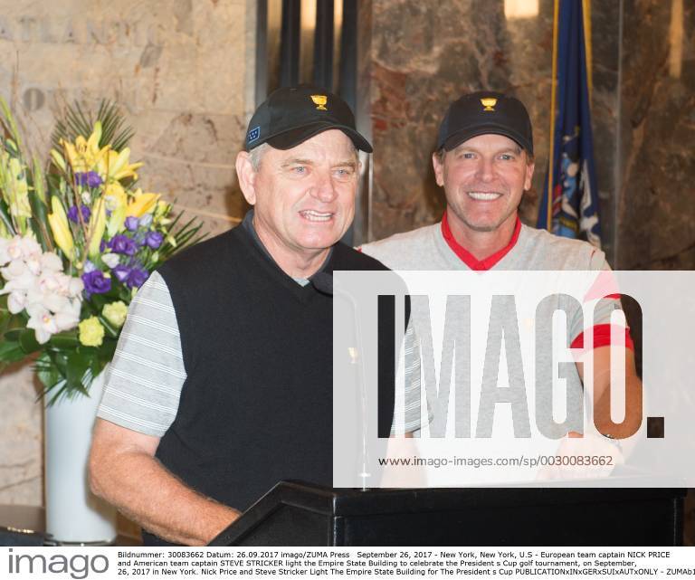New York, New York, U.S - European team captain NICK PRICE and American team captain STEVE STRICKER light the Empire State Building to celebrate the President s Cup golf tournament, on September, 26, 2017 in New York. Nick Price and Steve Stricker Light The Empire State Building for The President s Cup - ZUMAb148 20170926_zap_b148_008