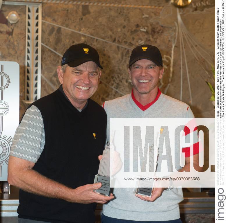 New York, New York, U.S - European team captain NICK PRICE and American team captain STEVE STRICKER light the Empire State Building to celebrate the President s Cup golf tournament, on September, 26, 2017 in New York. Nick Price and Steve Stricker Light The Empire State Building for The President s Cup - ZUMAb148 20170926_zap_b148_011