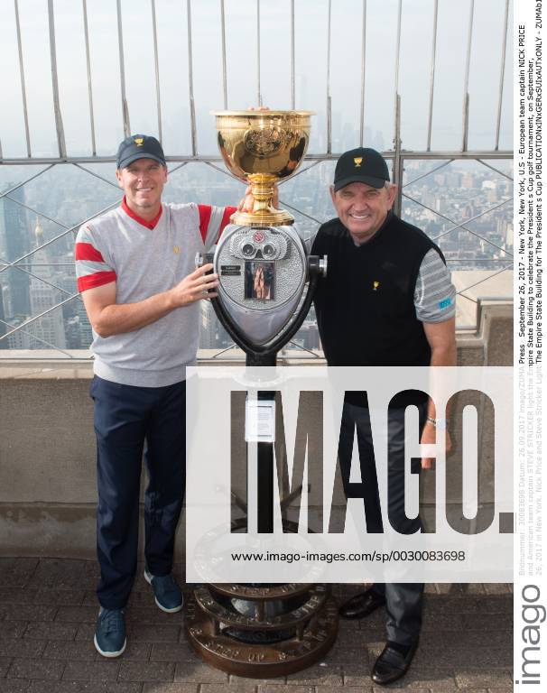 New York, New York, U.S - European team captain NICK PRICE and American team captain STEVE STRICKER light the Empire State Building to celebrate the President s Cup golf tournament, on September, 26, 2017 in New York. Nick Price and Steve Stricker Light The Empire State Building for The President s Cup - ZUMAb148 20170926_zap_b148_017