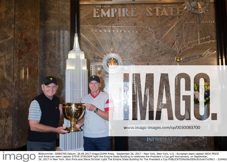 New York, New York, U.S - European team captain NICK PRICE and American team captain STEVE STRICKER light the Empire State Building to celebrate the President s Cup golf tournament, on September, 26, 2017 in New York. Nick Price and Steve Stricker Light The Empire State Building for The President s Cup - ZUMAb148 20170926_zap_b148_019