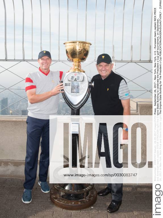 New York, New York, U.S - European team captain NICK PRICE and American team captain STEVE STRICKER light the Empire State Building to celebrate the President s Cup golf tournament, on September, 26, 2017 in New York. Nick Price and Steve Stricker Light The Empire State Building for The President s Cup - ZUMAb148 20170926_zap_b148_030