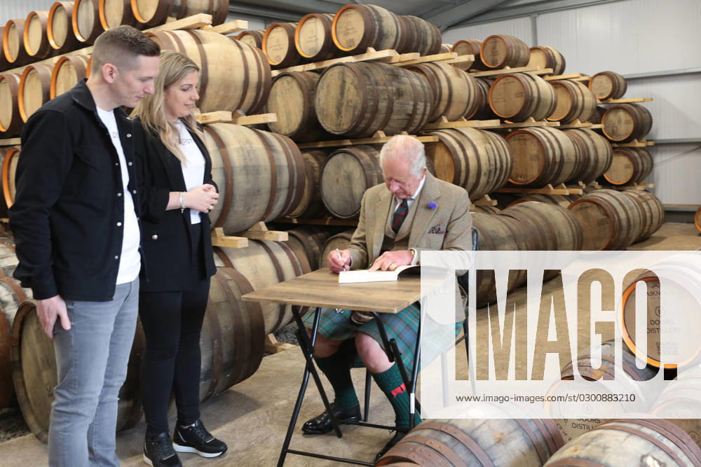Royal visit to John O Groats King Charles III, with the distillery owners Kerry and Derek Campbell, during a visit to the 8 Doors Distillery in John O Groats, Wick, in the Scottish Highlands, to officially open the distillery and meet members of the local business community in John O Groats, Scotland, 02 August 2023, Credit:Robert MacDonald Avalon UK, John O Groats