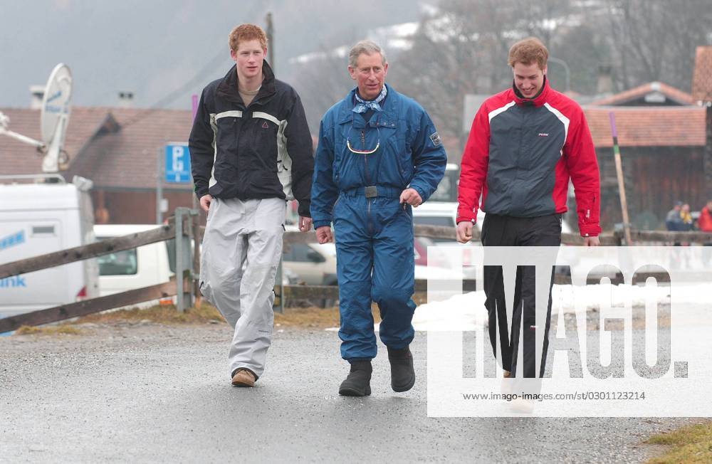 The Prince of Wales poses with his sons during a media photocall near Klosters The Prince of Wales with his sons Harry (L) and William during a media photocall in Monbiel near the ski resort of Klosters, Switzerland, on March 31, 2005, where they are on their annual skiing holiday. Photo by Klein-Nebinger ABACA Klosters Switzerland