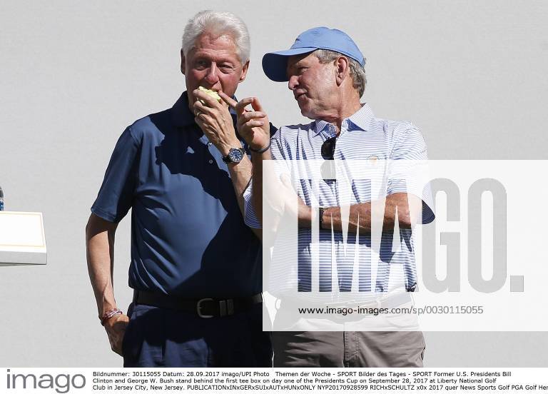 - SPORT Former U.S. Presidents Bill Clinton and George W. Bush stand behind the first tee box on day one of the Presidents Cup on September 28, 2017 at Liberty National Golf Club in Jersey City, New Jersey. NYP20170928599 RICHxSCHULTZ