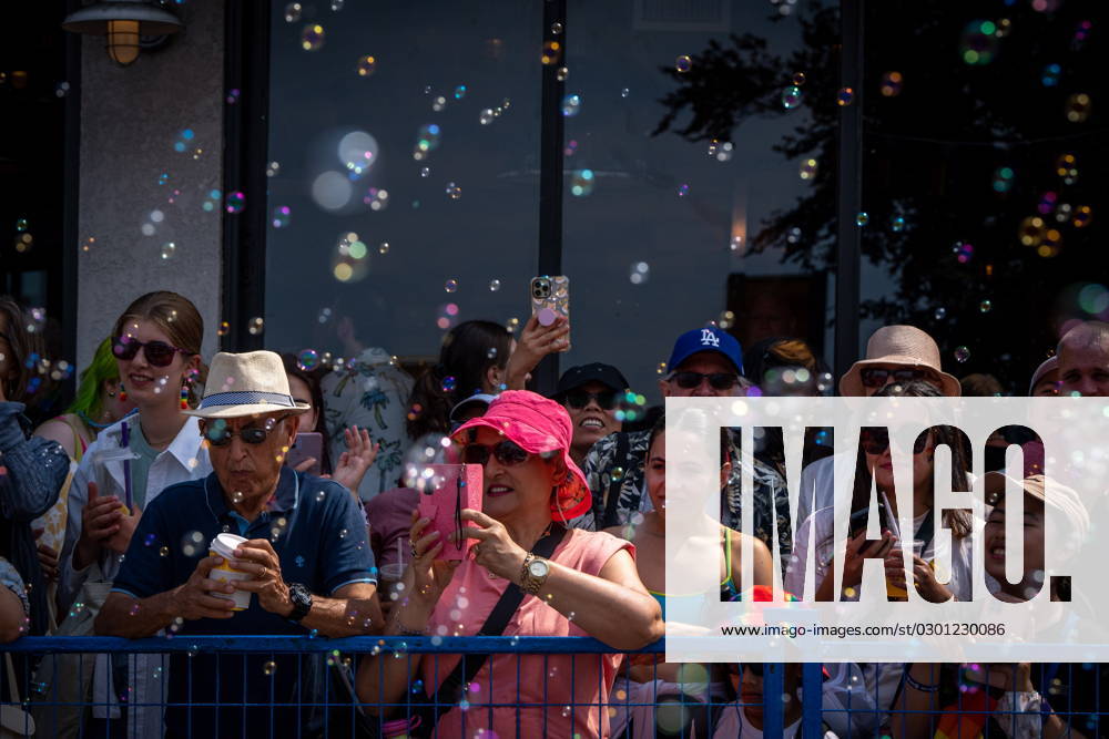 Bubbles are blown at people during the Pride Parade at English Bay in Vancouver, B.C., Sunday, Aug. 6, 2023. VANCOUVER CANADA - ZUMAc35_ 20230806_zaf_c35_009